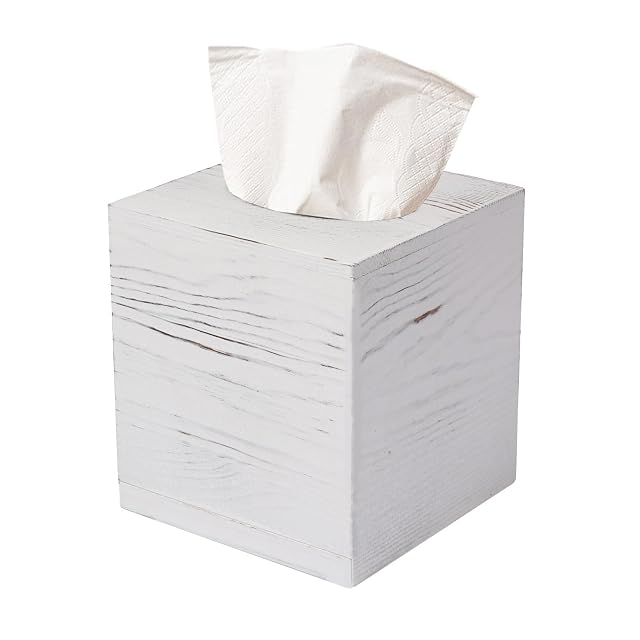 Tissue Box Cover Square Rustic White Wooden Tissue Box Holder for Kleenex - Facial Tissue Holder for Bathroom