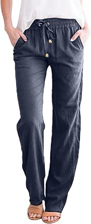 Pantaloni lunghi larghi larghi da donna primavera Pantaloni dritti Pantaloni in cotone e lino Vita elastica casual acquista in modo economico - spedizione gratuita, recensioni reali con foto