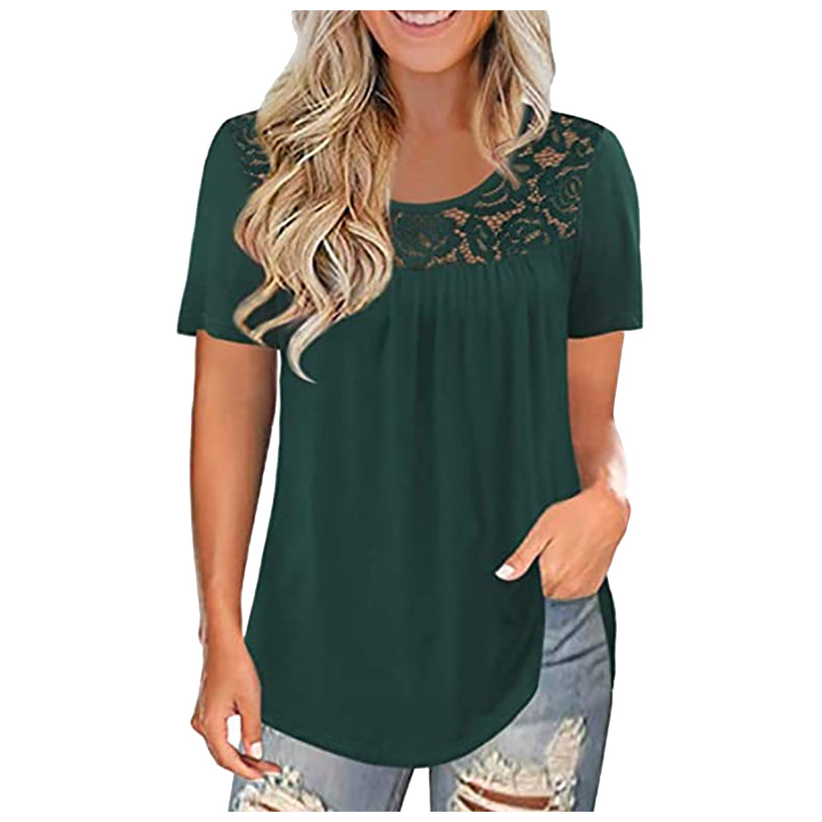 Generic Tops de verano para mujer, holgados, negros, tallas grandes, de encaje, patchwork, manga corta, de algodón, de verano, con volantes, de manga corta, blusas de verano, para el tiempo libre