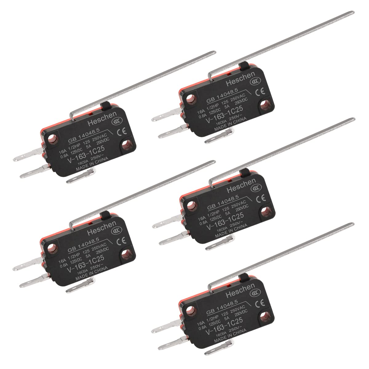 Heschen Micro Switch, V-163-1C25, SPDT, Long Hinge Lever, 16A 250VAC, 5PCS
