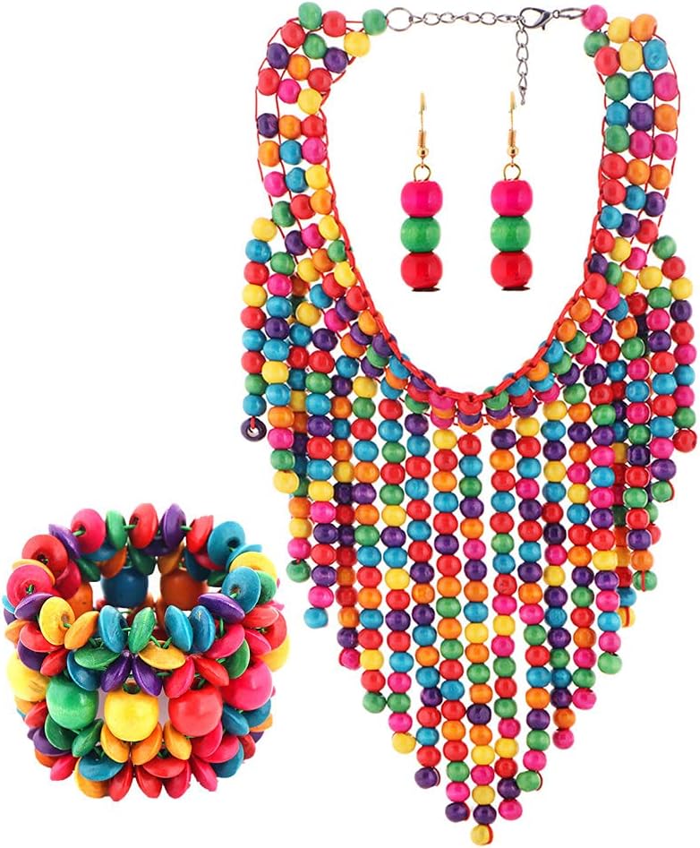 HENGYIDAfrican Wooden Multicolor Beads Long Bib Necklace Statement Layered Cluster Chunky Collar Choker Necklace Jewelry Accessories for Women and Girls