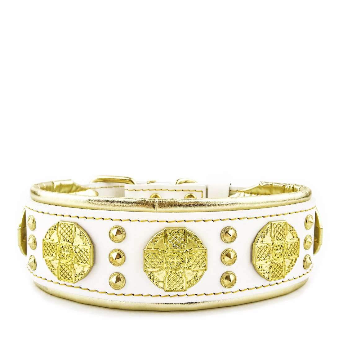 Bestia Maximus Genuine Leather Dog Collar, Large Breeds, Cane Corso, Rottweiler, Boxer, Bullmastiff, Dogo, Studded, L- XXL Size, 2.5 Inch Wide. Padded. White & Gold. Europe`s Finest Dog Gear!