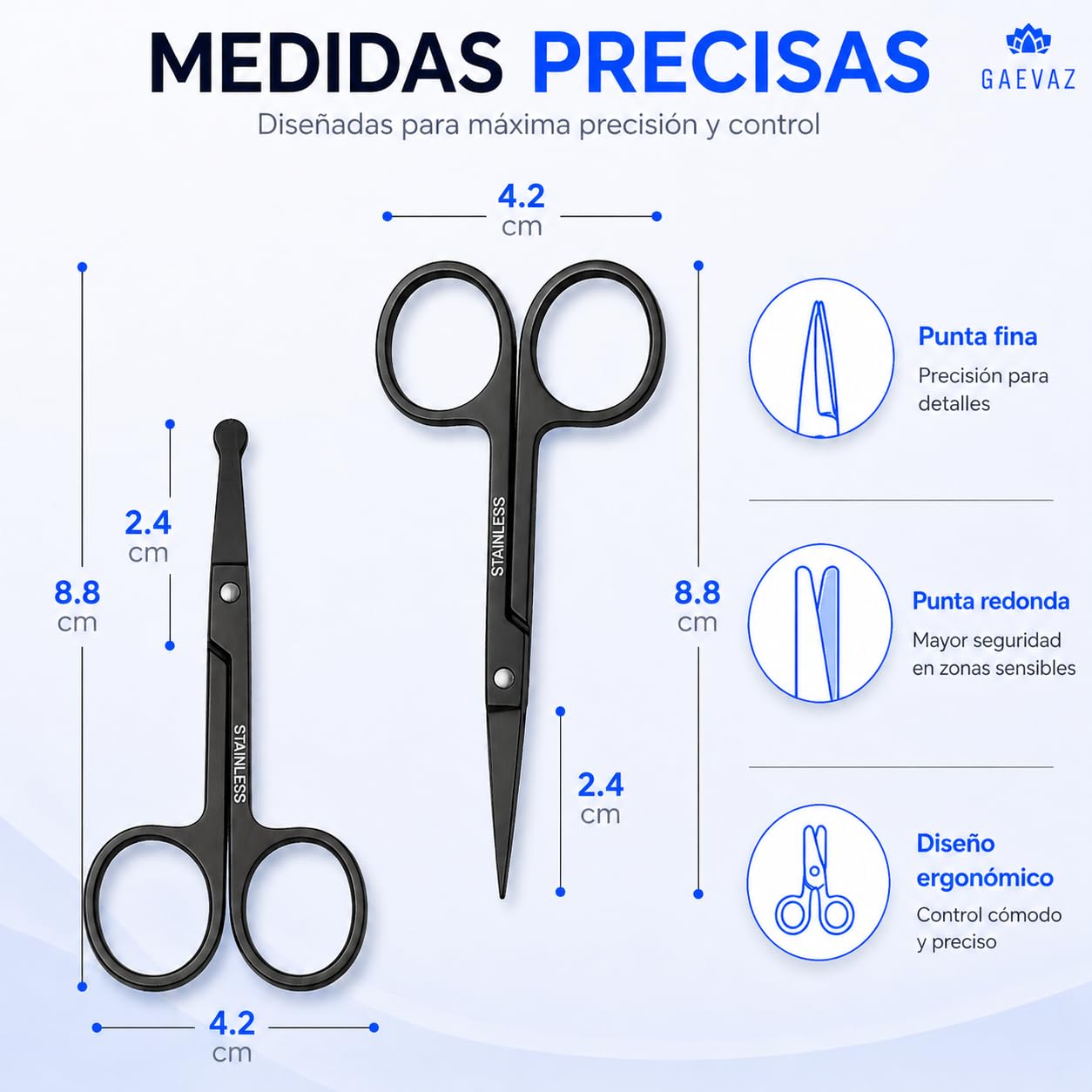 2 Tijeras Pequeñas de Acero Inoxidable para Vello Facial – 1 Punta Curva y 1 Punta Redonda – Cejas, Nariz, Oídos, Cutículas, Uñas, Barba y Bigote (Negro)