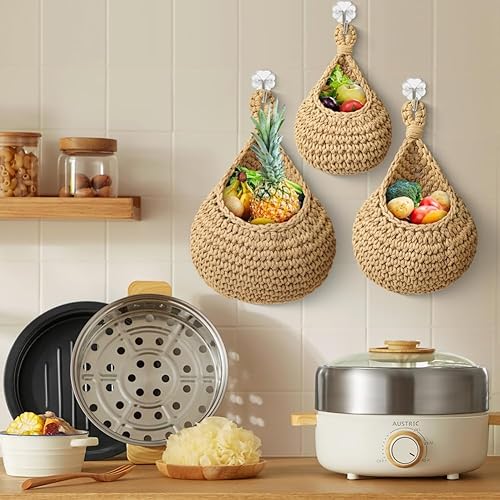 Miniatura 4 de Cesta colgante de frutas para cocina, cesta de frutas para colgar en la pared, cesta de frutas y verduras tejida a mano, cesta colgante de yute