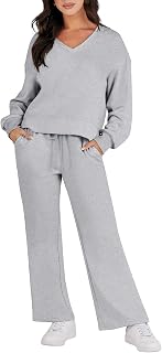 Caracilia Women's Two Piece Outfits Matching Sets Long Sleeve Pullover Tops and Wide Leg Pants Tracksuit Lounge Sets