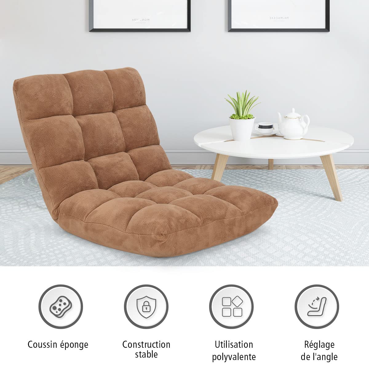 GOPLUS Silla de suelo plegable, sillón convertible ajustable de 14 niveles, sillón perezoso con terciopelo coral cómodo, silla de meditación acolchada, 105 x 56 x 15 cm (Beige)