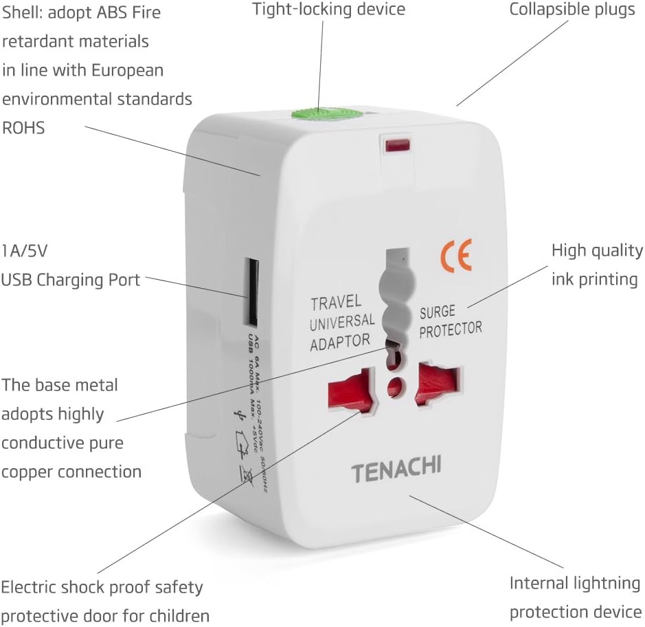 TENACHI Universal Plug Travel Adapter Worldwide Plug Converter Adaptor All in One Wall Charger with 1 USB Works 110 240V EU UK US AU Plugs