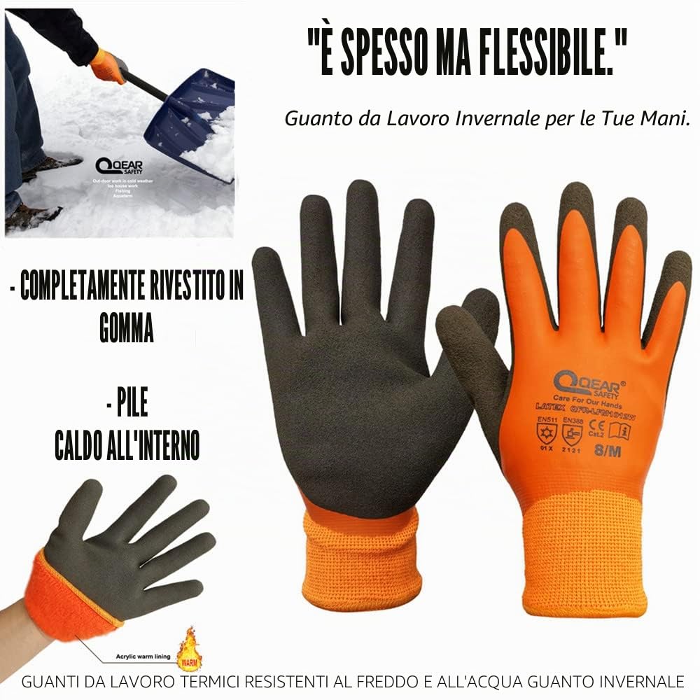 1 Paio Guanti da lavoro termici, resistenti al freddo e all'acqua, completamente rivestiti in lattice, palmo zigrinato per una migliore presa, L, Arancione.,