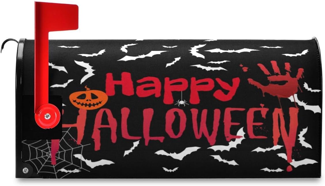 Wamika Happy Halloween Black Bat Mailbox Cover Magnetic Spooky Bloody Hand Palm Ghost Mailbox Covers Large Size Garden Yard Post Wraps Letter Box Cover Creepy Decorations 25" L x 21" W