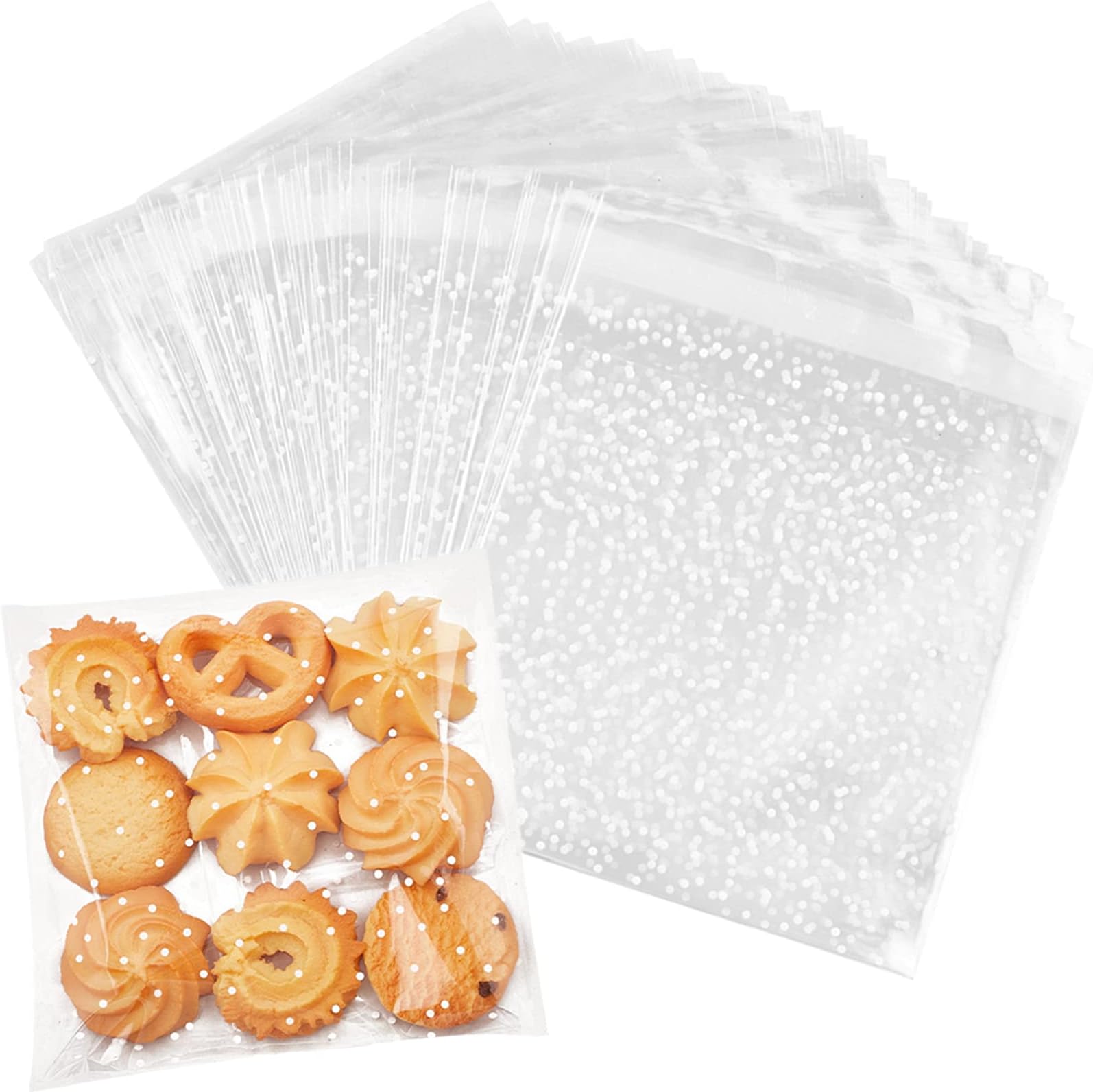 200 PCS. Self-Sealing Clear Plastic Cookie Bags, OPP Self-Adhesive Transparent Packaging Bags for Biscuit Candy and Pastries (5.5'' X 5.5'', White Dots Pattern)