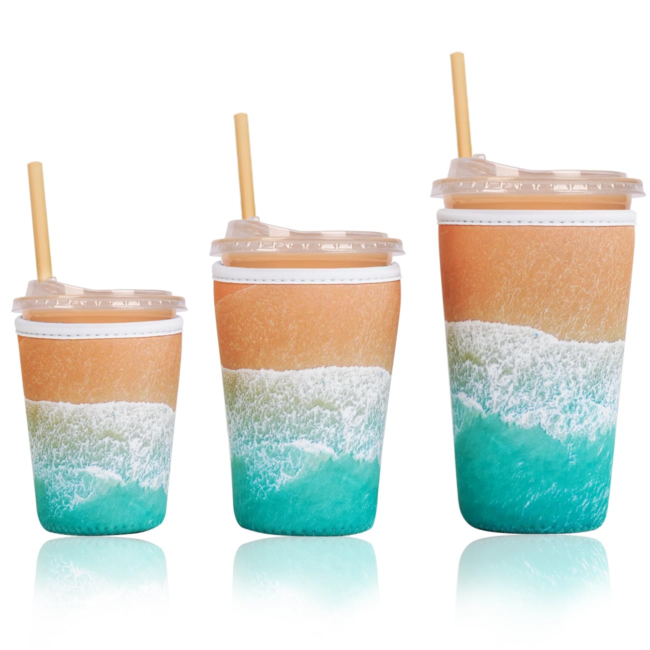 Reusable Insulated Sleeve for Iced Coffee Cup, 3-Pack Coffee Neoprene Drink Sleeve for Cold &amp; Hot Drinks, Beverage Holder for Iced Coffee (Beach Waves)