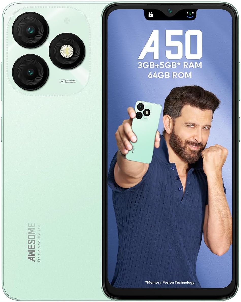 itel A50|6.6" HD+ Display with Dynamic Bar| 3GB RAM +64GB ROM, Upto 8GB RAM with Memory Fusion|Octacore Processor|8MP AI Dual Rear Cam|5000 mAh Battery | Lime Green