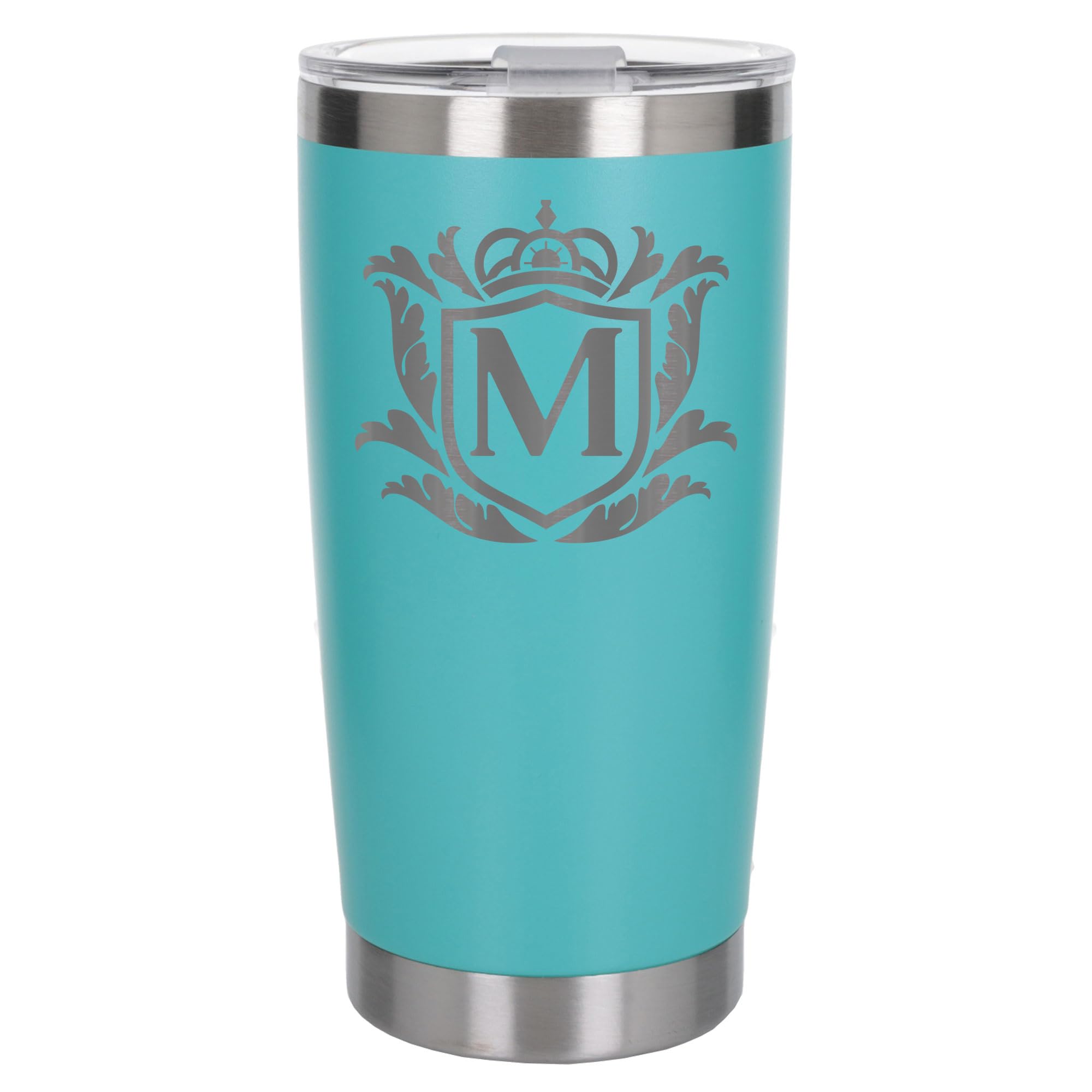 Customised Gifts 500ml Engraved Shield Initial Monogram Insulated Personalised Turquoise Travel Mug for Men and Women - Personalised Initial Coffee Travel Mug for Hot and Cold Beverages, Letter M