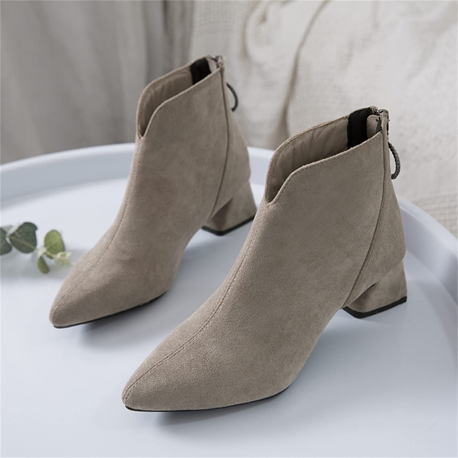 Cocila Otoño Invierno Mujer Botines Tacón Medio Grueso Punta Estrecha Gamuza Cremallera Trasera Zapatillas De Vestir Botas Piel Tacon Negro Barefoot Planas Agua Trekking Hombre Bota Calentitas