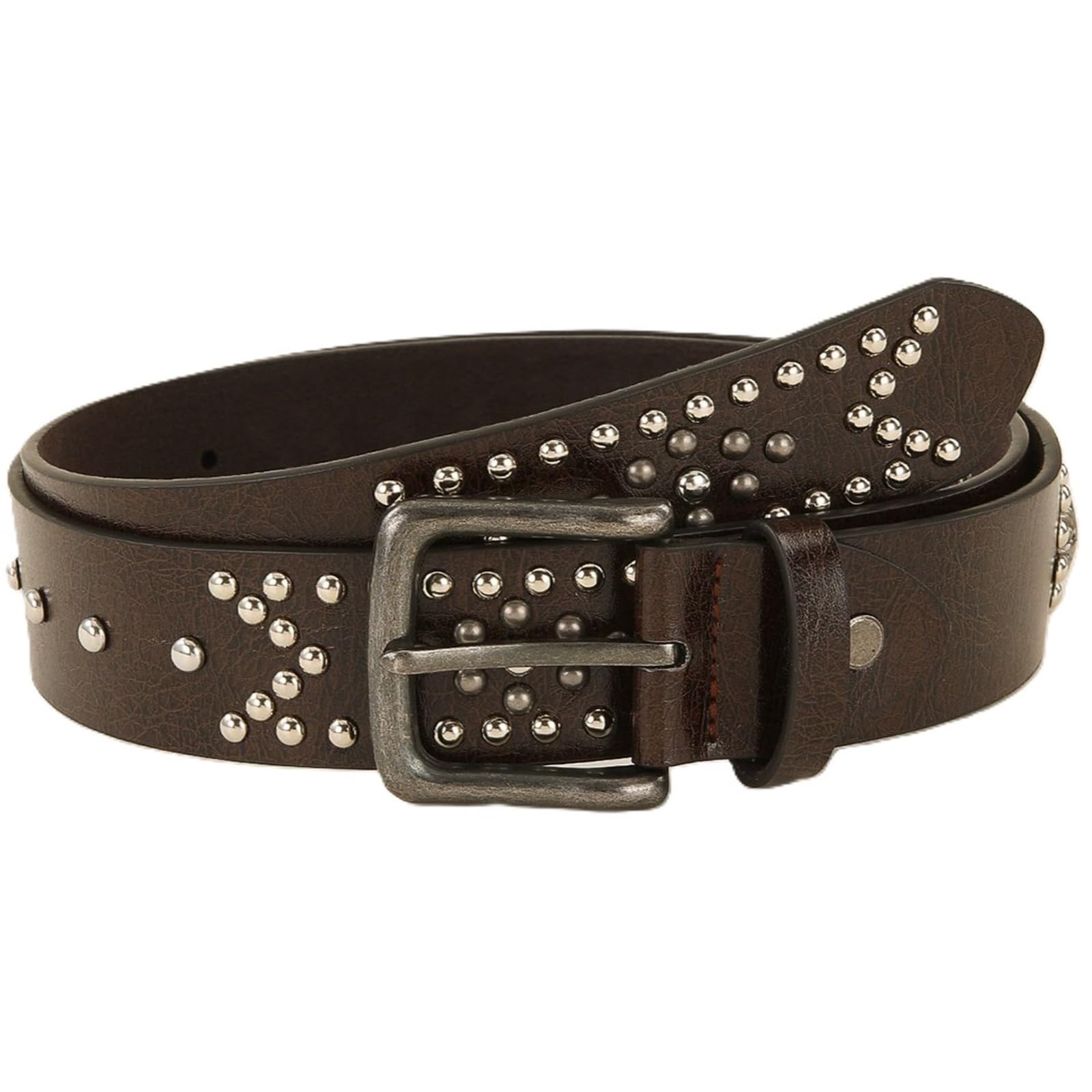 AGUTALITHIC Faux Leather Studded Belt Metal Prong Buckle,Vintage Floral Rivet in Circular Arrangement 3.3cm Unisex Punk Strap(100cm/39, Coffee)