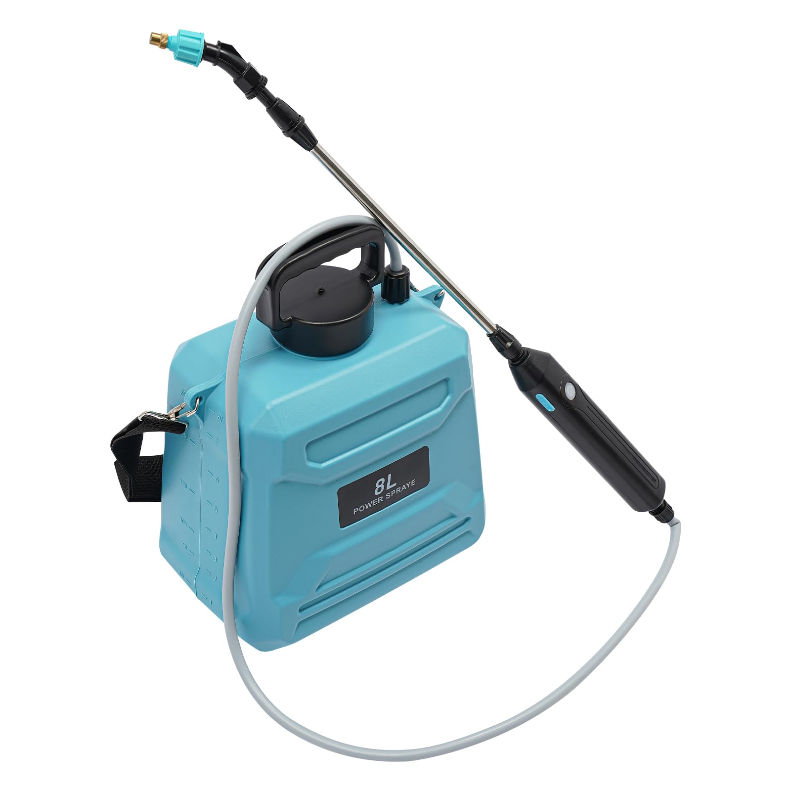 Spruzzatore a pressione a batteria, 8 l, spruzzatore elettrico a pressione con lancia telescopica, 3 ugelli e tracolla, spruzzatore da giardino per piante, erbacce, pulizia e irrigazione