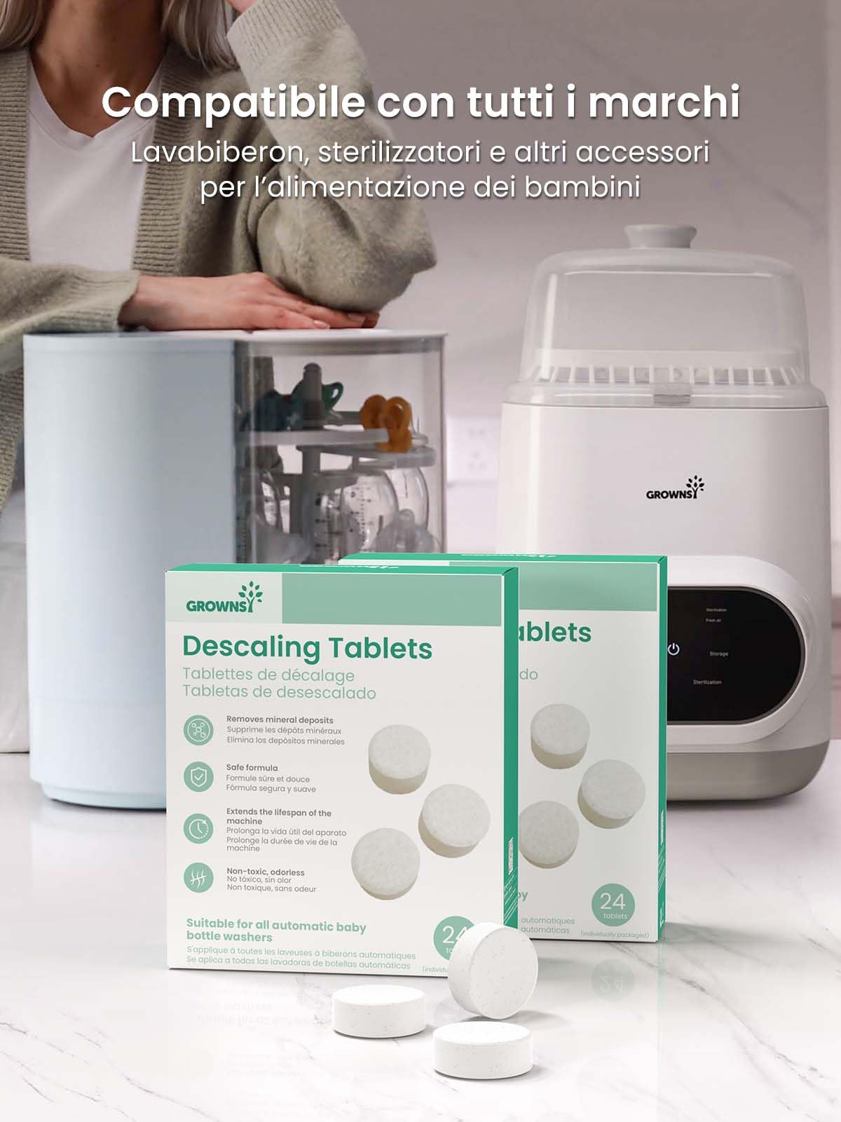 Grownsy Pastiglie Decalcificante 24 Pezzi – Tablette per Lavabiberon, Sterilizzatori e Scaldabiberon, Rimuove Calcare e Residui, Pulizia Rapida e Facile