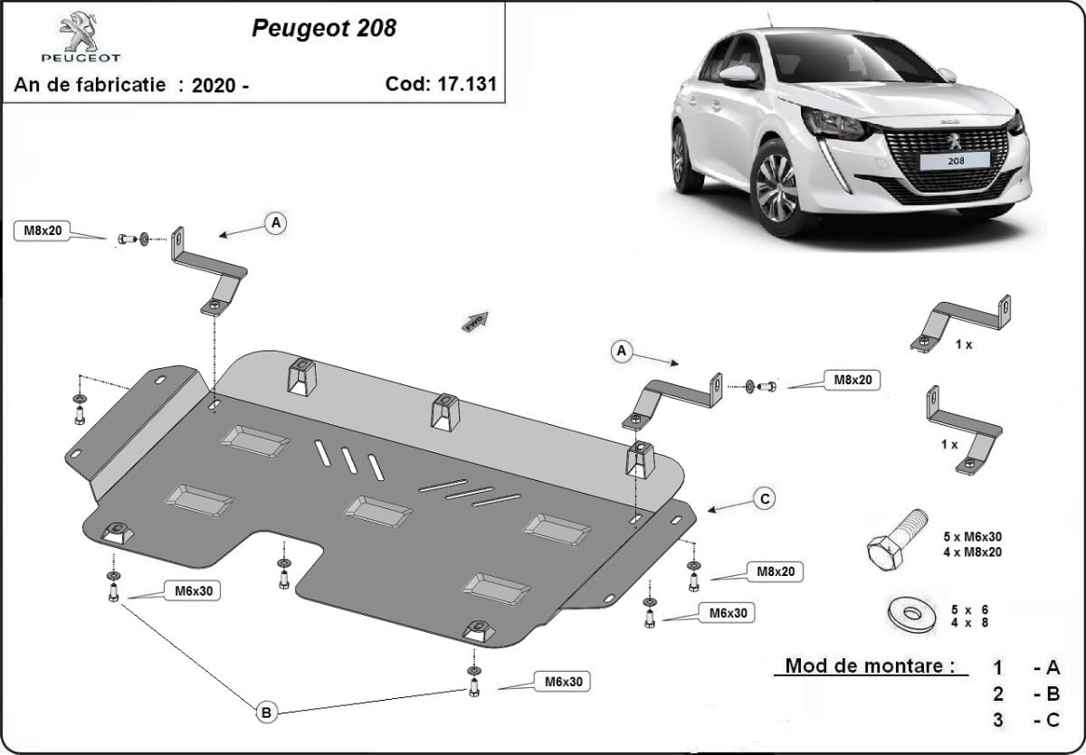 Protezione motore in metallo compatibile con Peugeot 208.