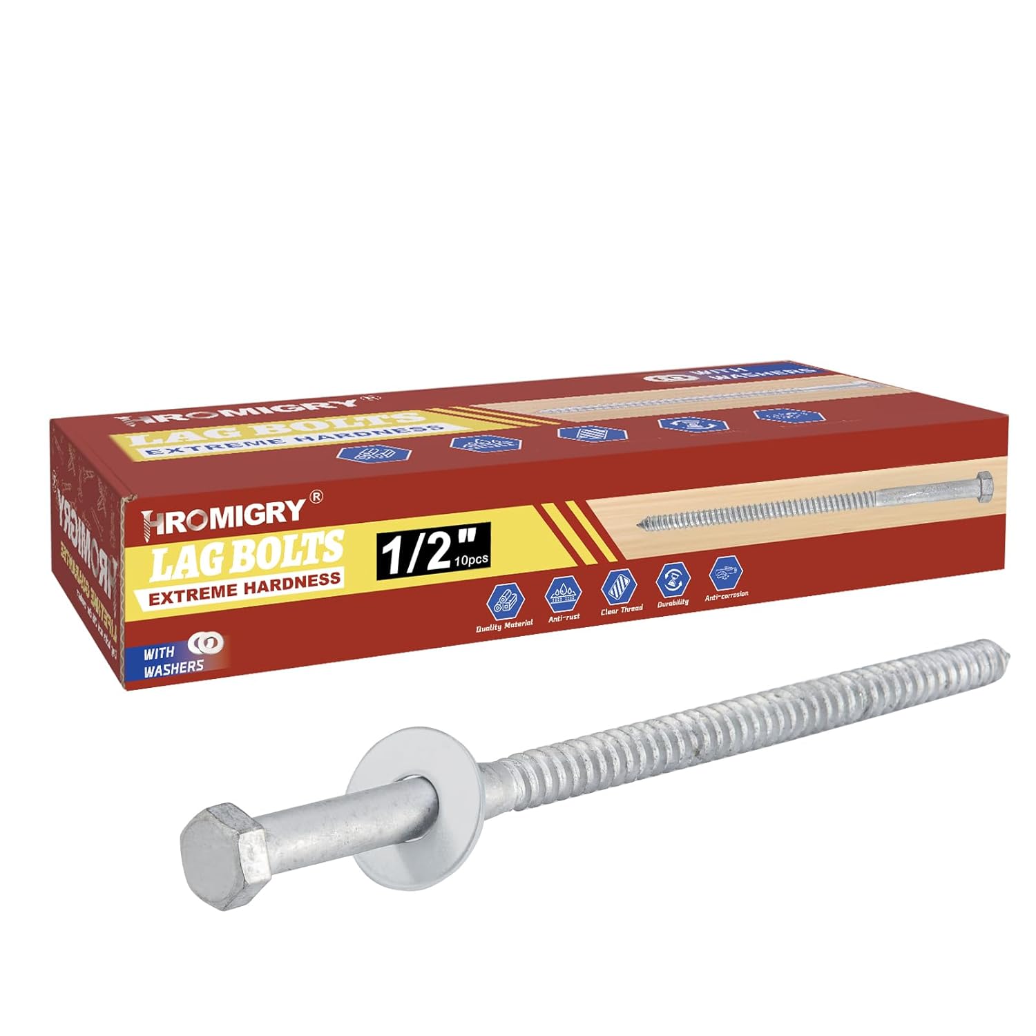 1/2" x 10" Lag Bolts (10 Pcs) Lag Screws for Wood, Hot Dip Galvanized, Hex Head with Washers