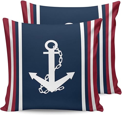 Miniatura 7 de Juego de 2 fundas de almohada impermeables para sofá, fundas de almohada decorativas con ancla blanca náutica, azul marino, rojo, 18 x 18 pulgadas,