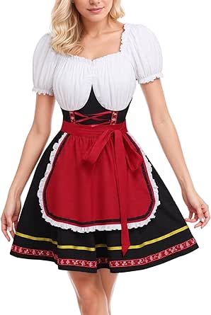 Robe Dirndl Traditionnelle Pour Femme - Costume Fête De La Bière En Coton Et Dentelle, Bretelles Réglables