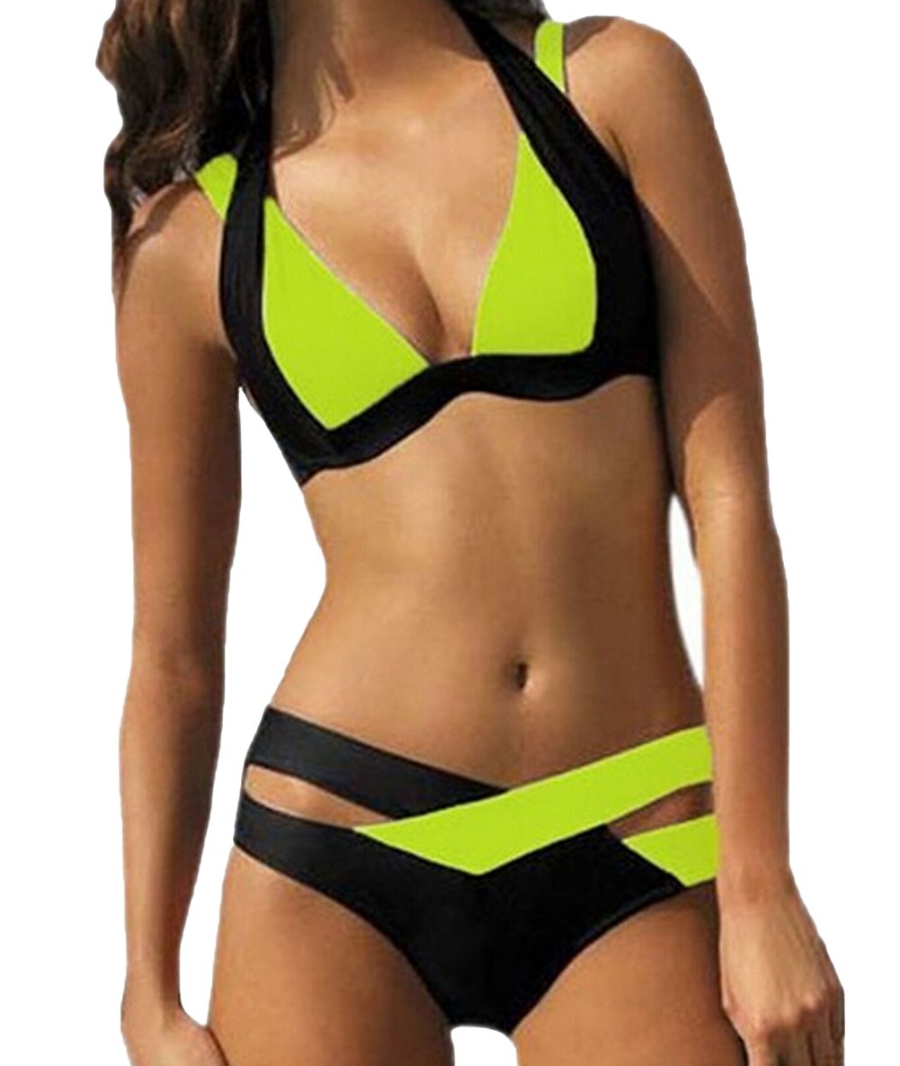 DATO Womens Push Up Padded Bikini Set Bandage Swimwear Cut Out Swimsuit Bathing Suit Beachwear Two Pieces Green
