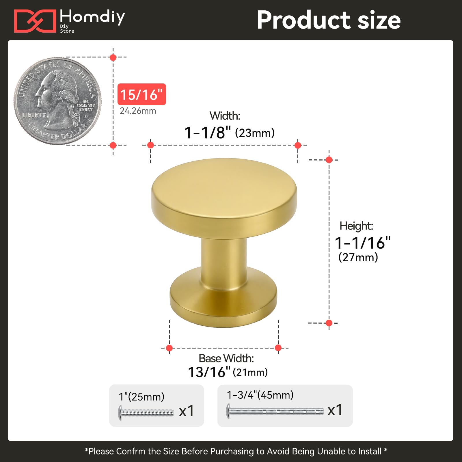 homdiy Paquete de 25 pomos de latón para gabinete, pomos dorados para gabinete, pomos redondos de latón cepillado, pomos dorados para gabinete, pomos dorados para gabinetes de cocina dorados