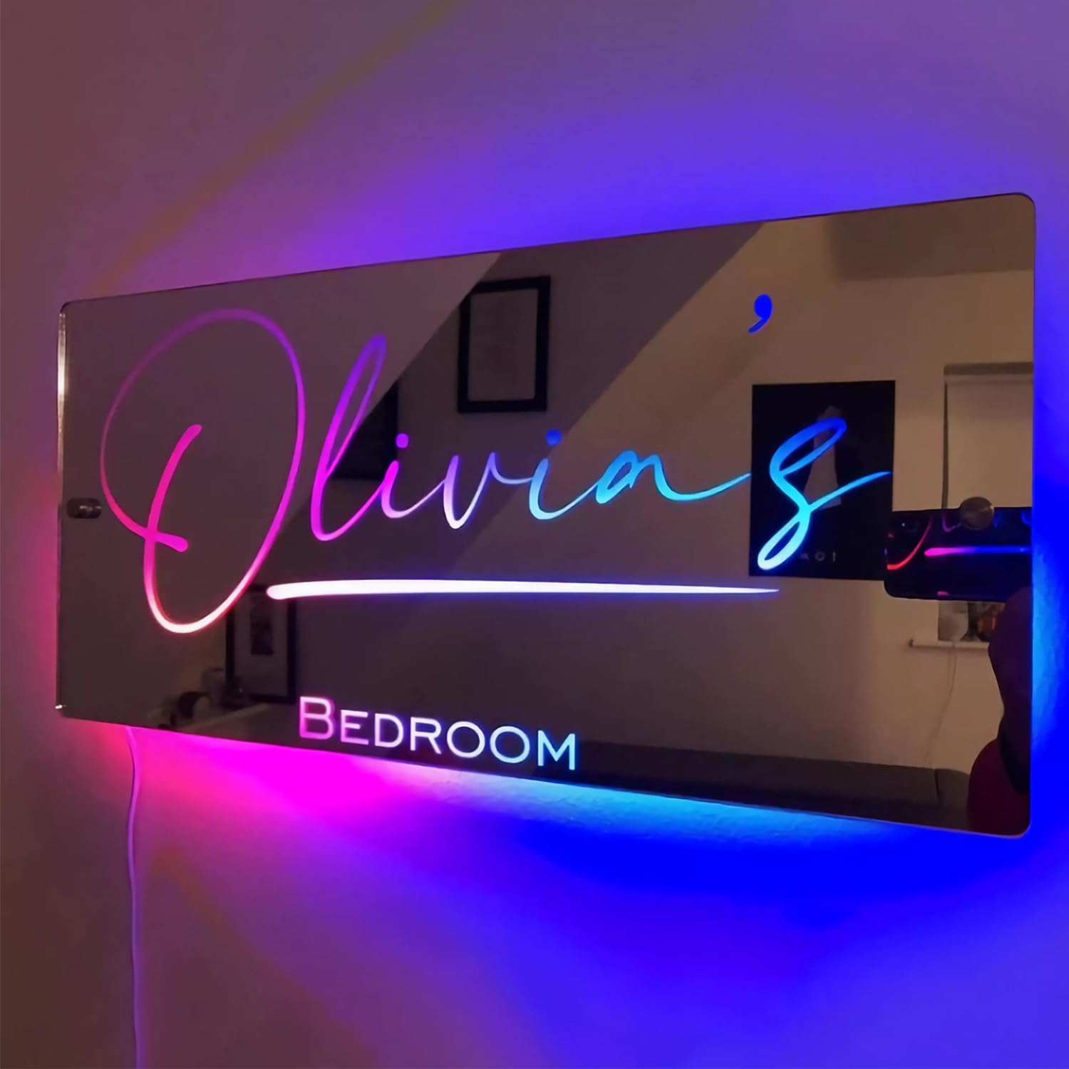 Personalized LED Name Mirror with Light 12 Color Remote Control Personalized Dresser Lighting Bedroom Living Room Decor Personalized Gift (Horizontal (installation tools included))