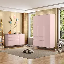Jogo de Quarto Para Bebê Completo Melinda com Roupeiro e Cômoda Rose