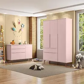 Jogo de Quarto Para Bebê Completo Melinda com Roupeiro e Cômoda Rose
