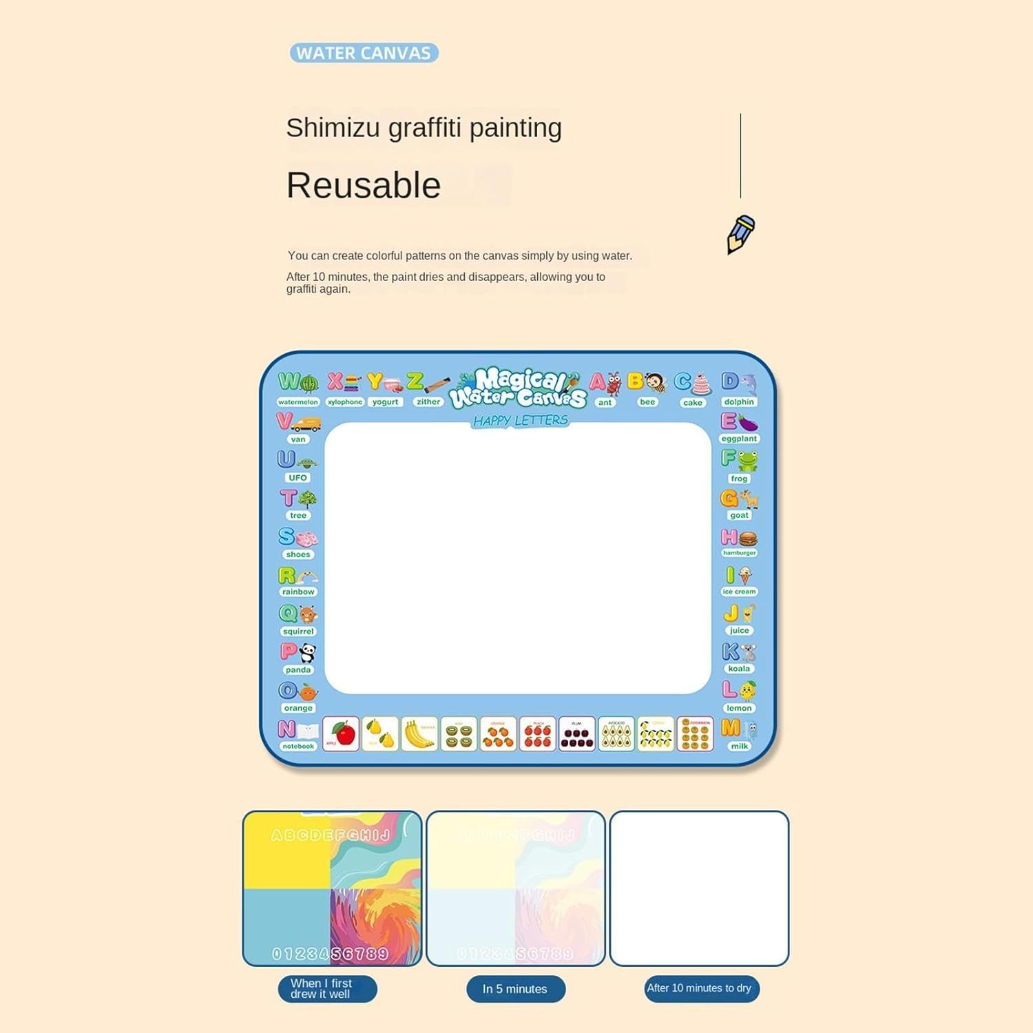 Water Doodle Mat - Large Watercolor Painting Mat for Kids | Reusable Learning Writing Board with Pens & Stamps | Portable Educational Painting Toys for Kids Aged 3-8 (A)