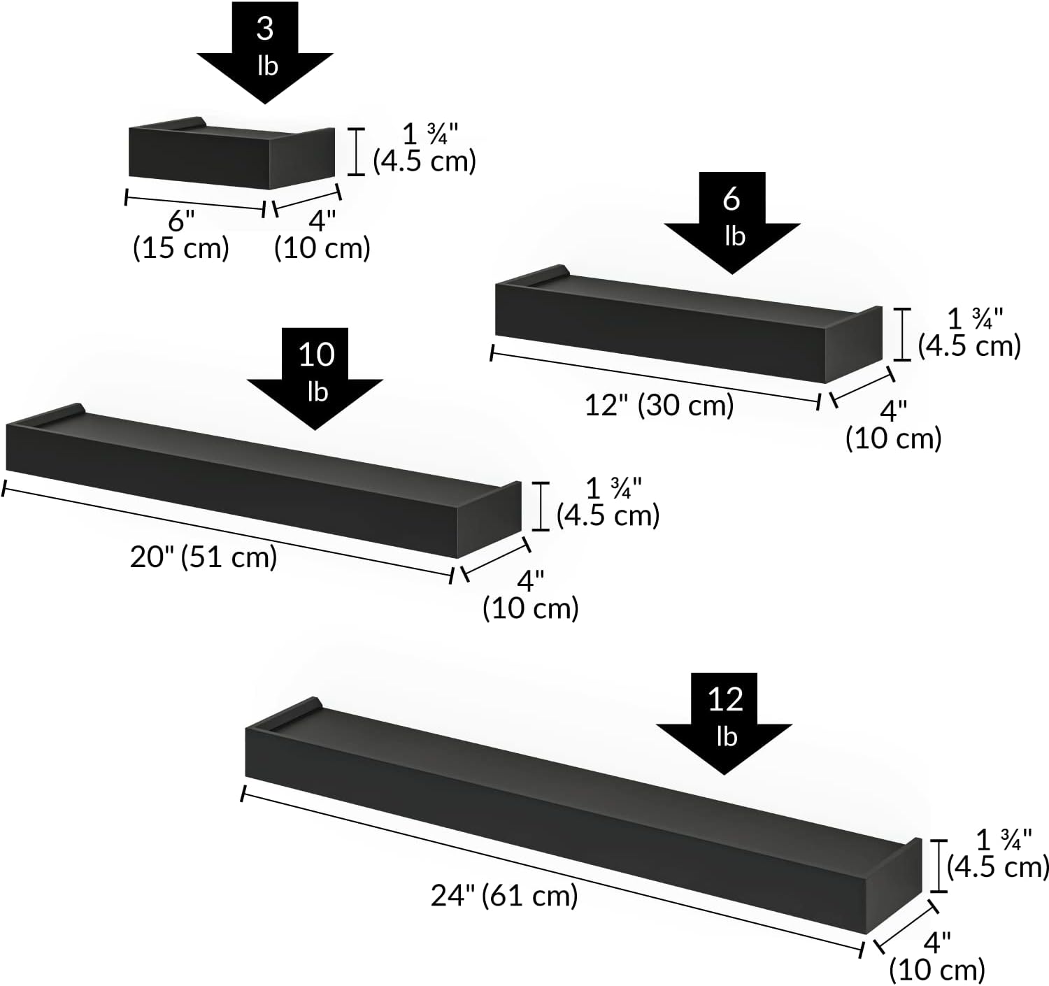 Ballucci Modern Ledge Wall Shelves, Set of 4 Wood Floating Shelves for Bedroom, Bathroom, Living Room, Kitchen, Nursery, Black image 3