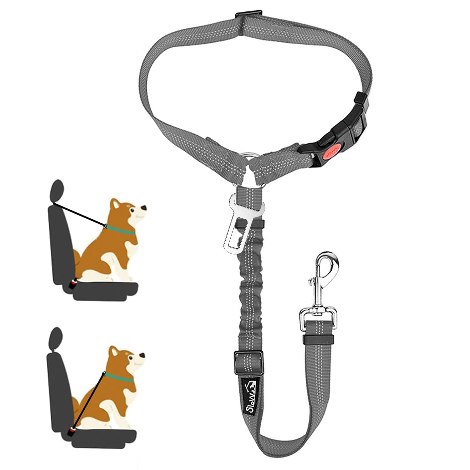 SlowTon Hundegurt fürs Auto, 2-in-1 Kopfstützen-Rückhalte Anschnallgurt Hund mit Universelle Schnalle Verstellbares Reflektierendem Elastikstreifen (B.Grau, 1Pcs-(Kopfstütze + Clip))