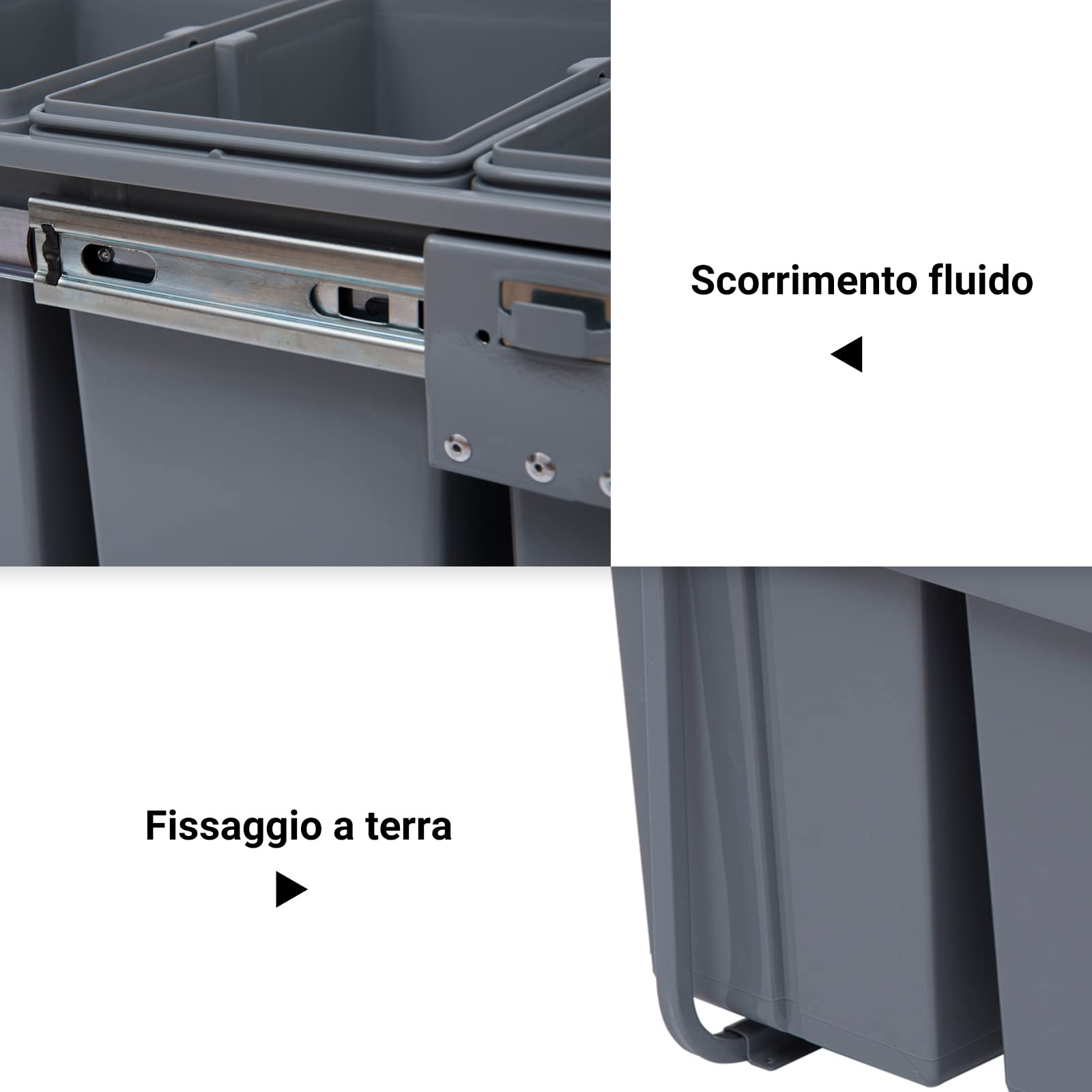HOMCOM Pattumiera Estraibile da 40L con 3 Contenitori per Raccolta Differenziata, Cestino Spazzatura in Acciaio, ABS e PP, 48x34.2x41.8 cm, Grigio