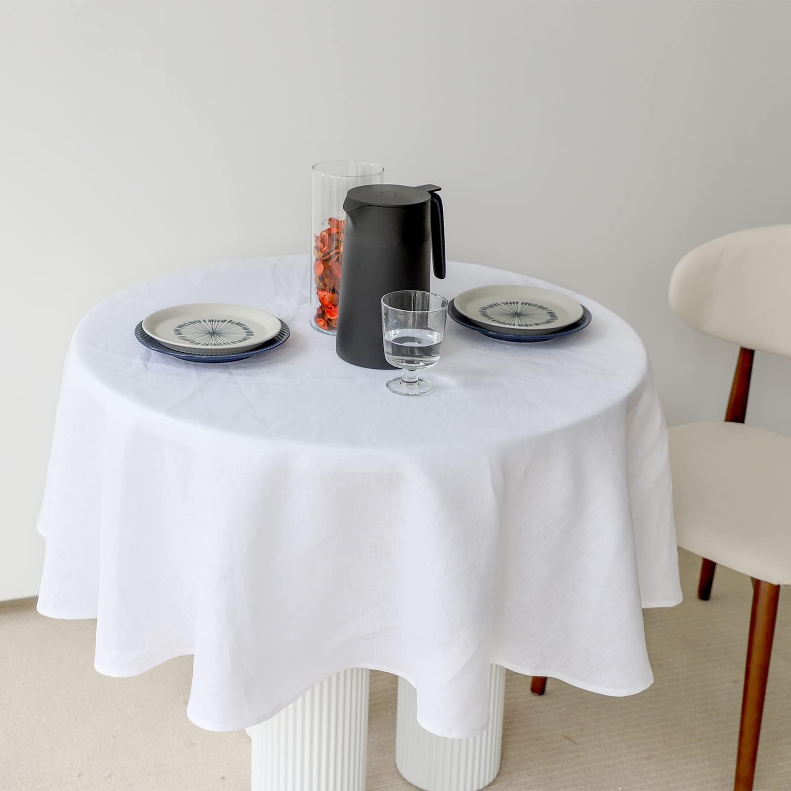 Nappe texturée 100% lin de table ronde blanche 152 cm pour cuisine et salon