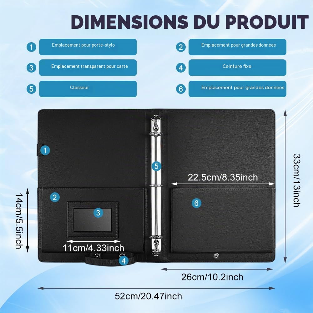 Classeur à partitions A4 noir de luxe en cuir synthétique avec sangle, classeur musical avec poche intérieure et coins de protection, porte-partitions DIN A4, classeur de présentation, capacité 200