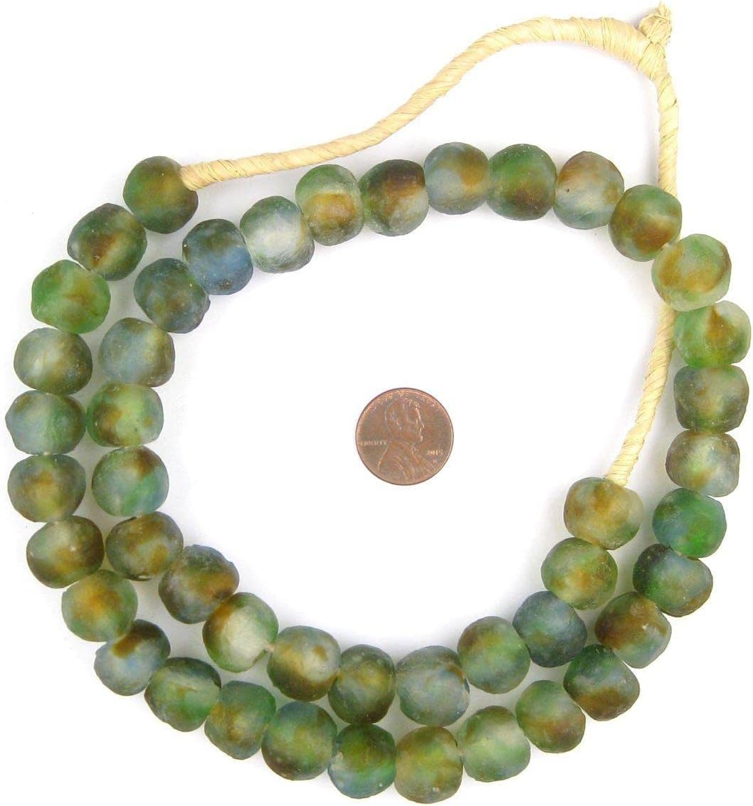 The Bead Chest African Recycled Glass Beads – Handmade in Ghana – Blue, Green, Brown 14mm Strand for Jewelry Making, Crafts, and Home Decor I Approximately 45 Beads