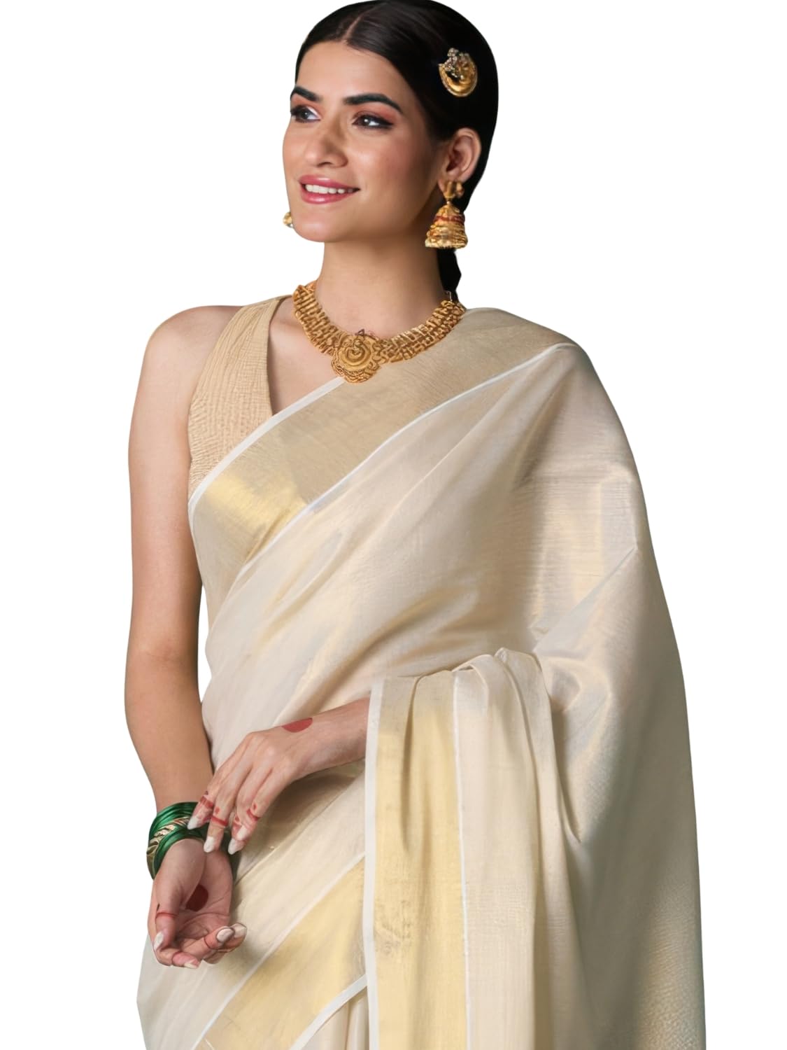 Women's Kerala Kasavu Golden Tissue Plain Saree with Running Blouse | Saree length: 6.25 Meters | Blouse: Running Blouse only-image-12