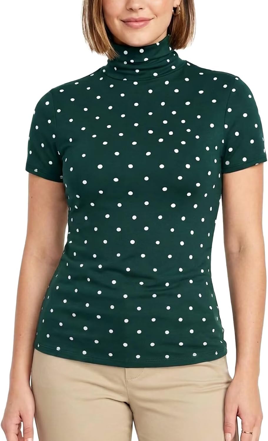 Zengjo Turtleneck Tops for Women Short Sleeve, Stretchy Slim Fitted Vintage Polka Dot Shirts, High Neck Layering Tee