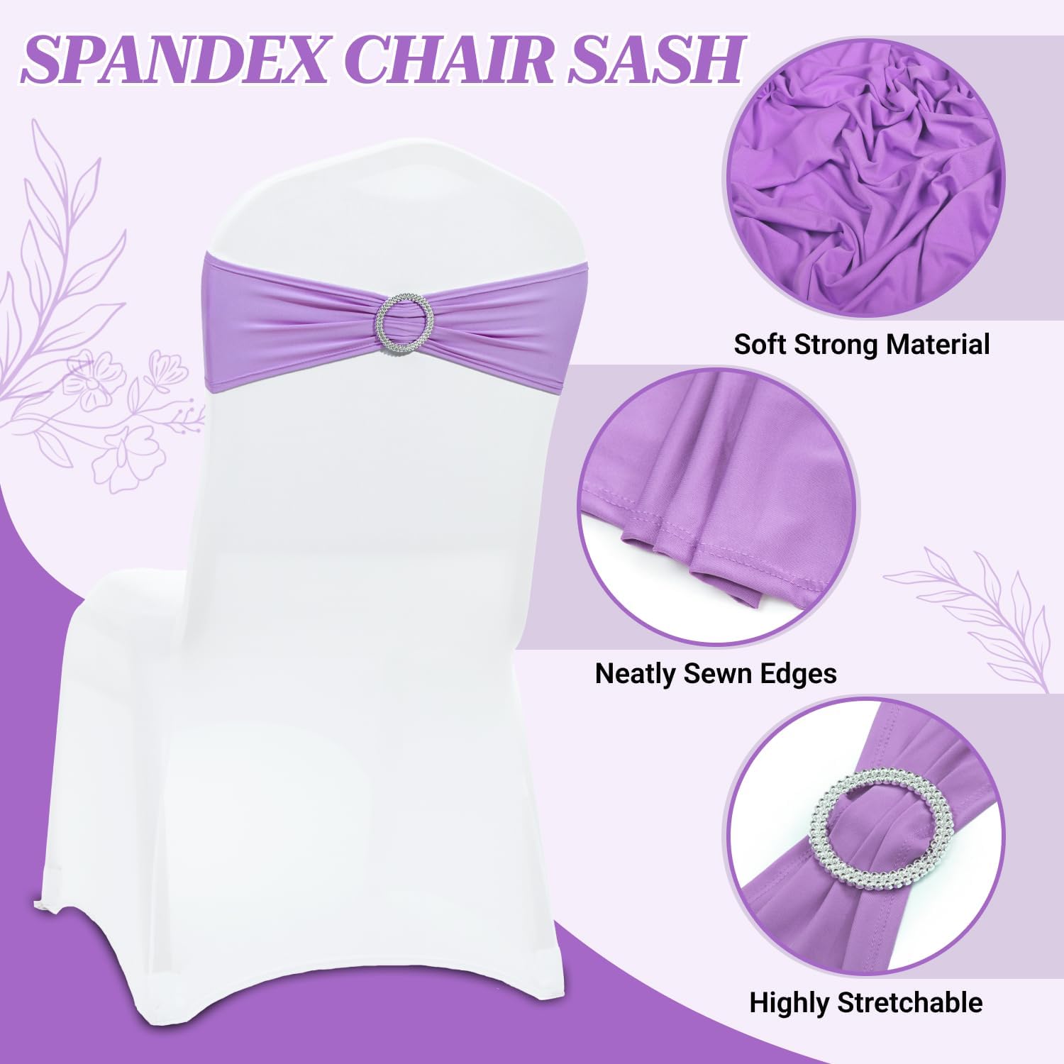 VDS - Lavender | Spandex Chair Sashes Bows | 100 PCS | Stretch Elastic Banquet Universal Folding Chair Band Tie with Silver Buckle Slider for Wedding Party Conference Celebration Event Decoration