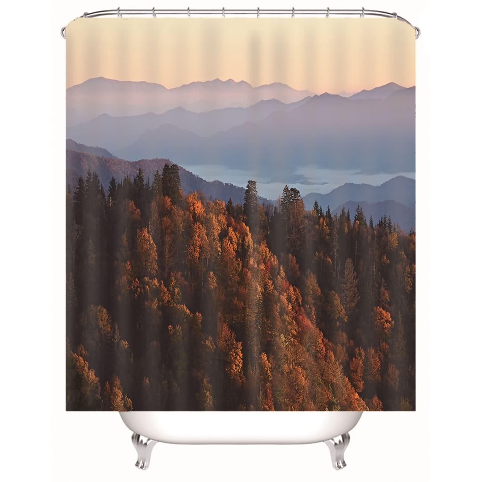 Rideau de douche forêt montagne multicolore pour salle de bain en polyester