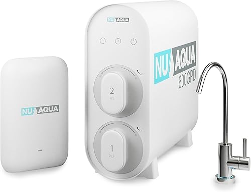 NU Aqua Sistema de filtro de agua de ósmosis inversa alcalino de 4 etapas 600GPD para debajo del fregadero sin tanque - 21 puro para drenar - Grifo