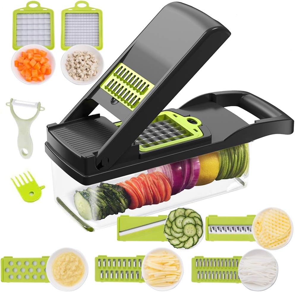 E-PLUS Sulfar Vegetable Chopper Mandoline Slicer Cutter Chopper and Grater 11 in 1 Interchangeable Blades with Colander Basket and Container