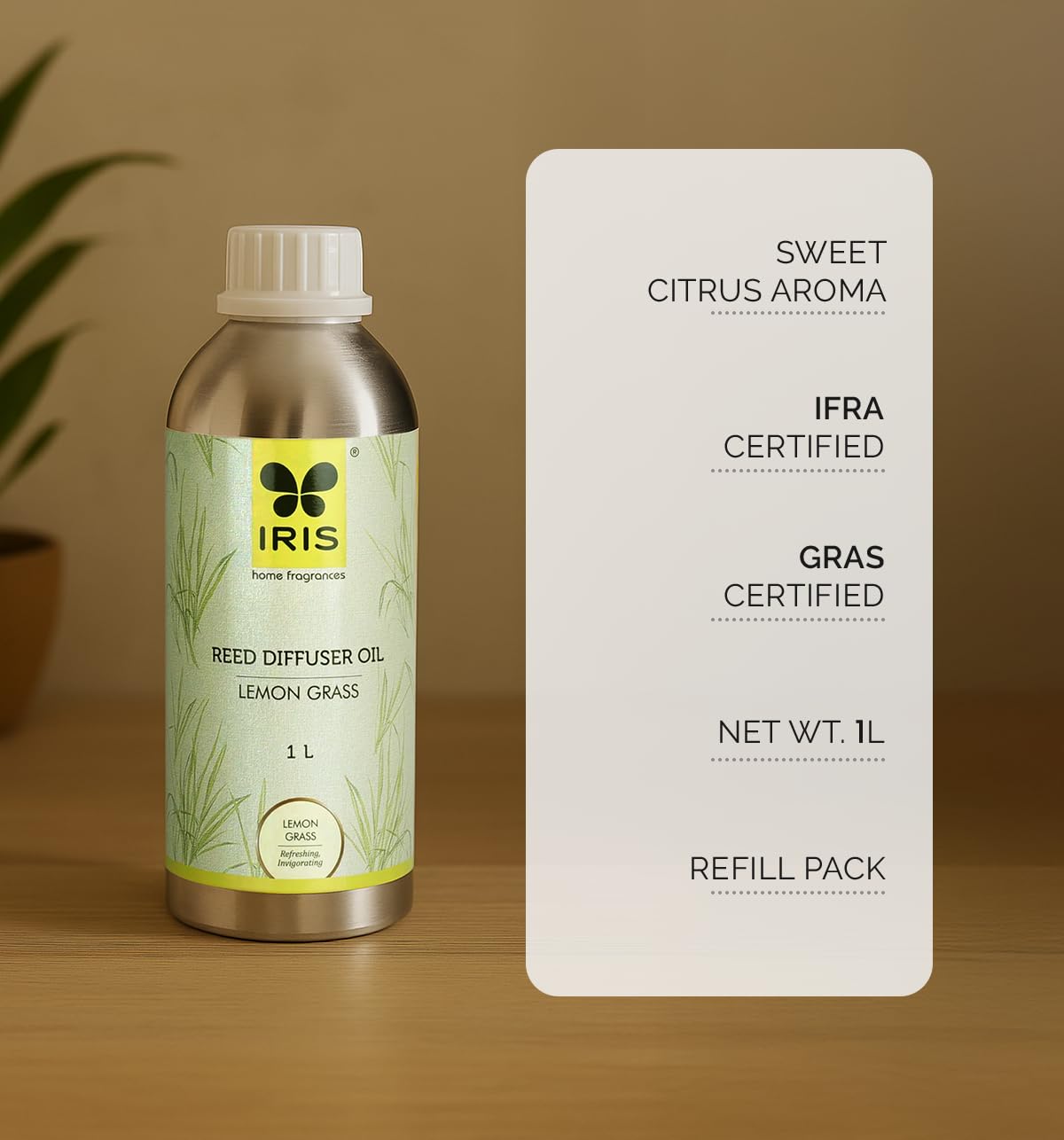 IRIS Lemongrass Reed Diffuser Oil Refill | 1 Litre | Refreshing & Energizing Fragrance | Long-Lasting Home Fragrance Refill for Reed Diffusers | Fresh Citrus Aroma 1
