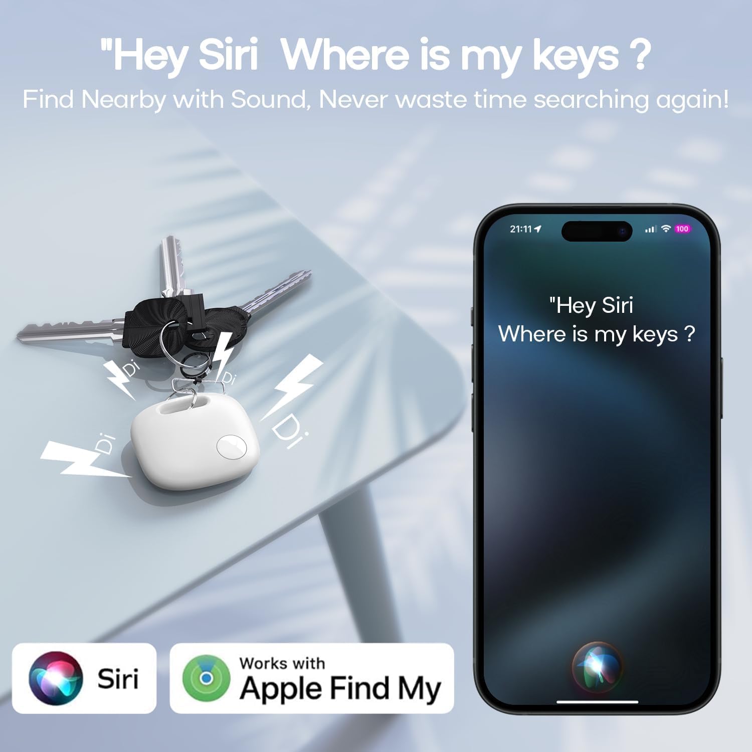 Dekala T2 Pro Smart Tag Tracker attached to keys, emitting sound waves, with an iPhone displaying 'Hey Siri Where is my keys?'