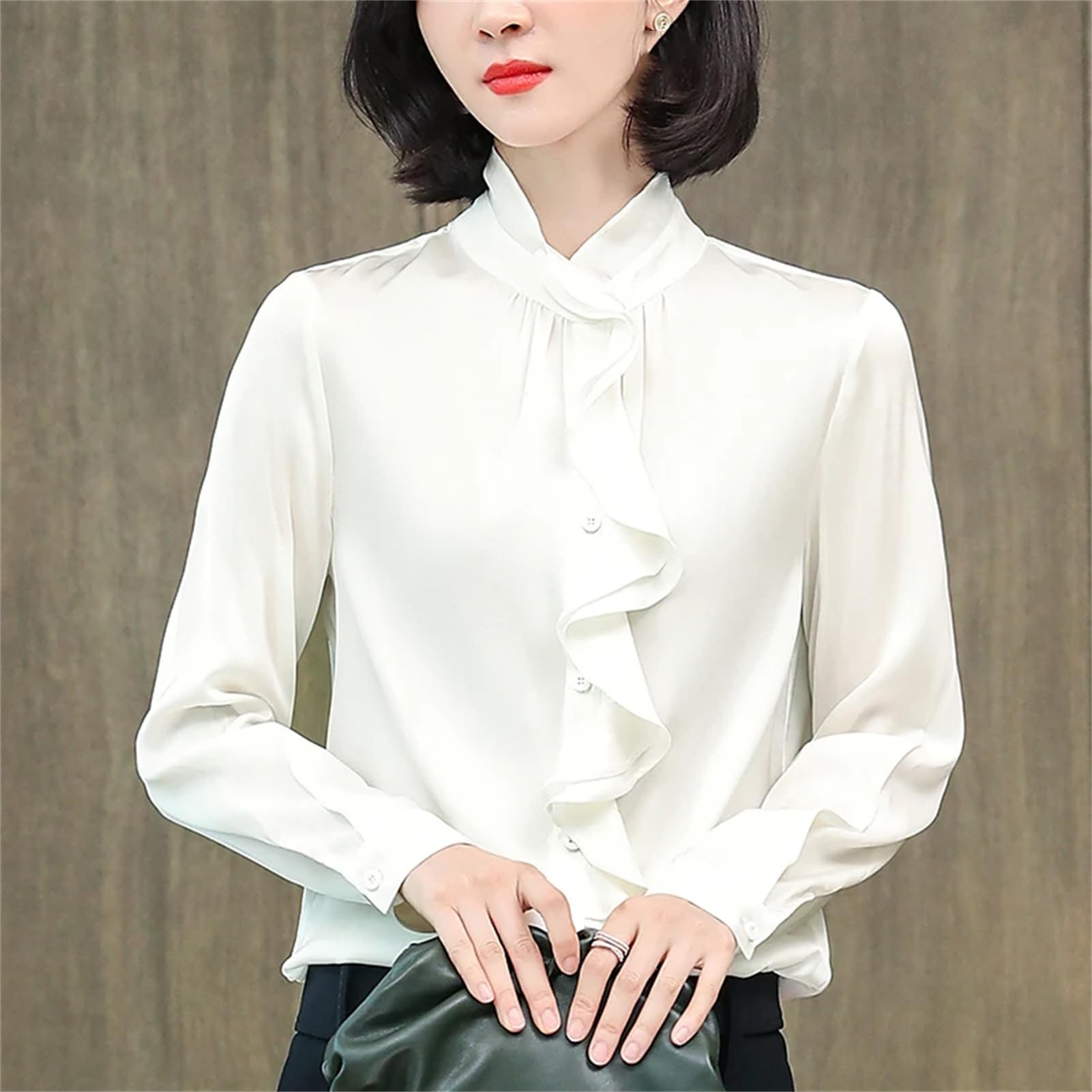Camisas vintage para mujer, cuello alto, manga larga, blusa suelta de seda sólida