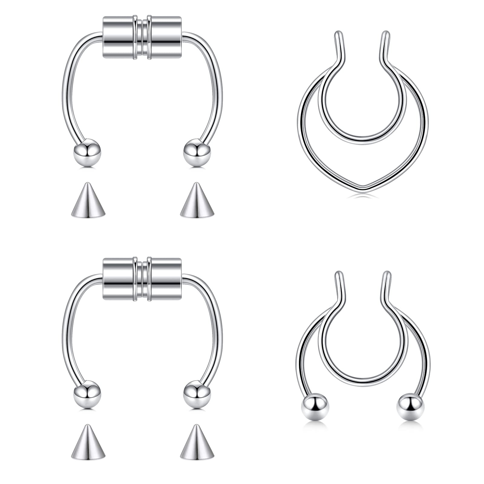 LAURITAMI4pcs Piercing Nose Rings Fake Septum Surgical Steel Fake Septum Ring Nose Without Piercing Jewelry, Stainless Steel