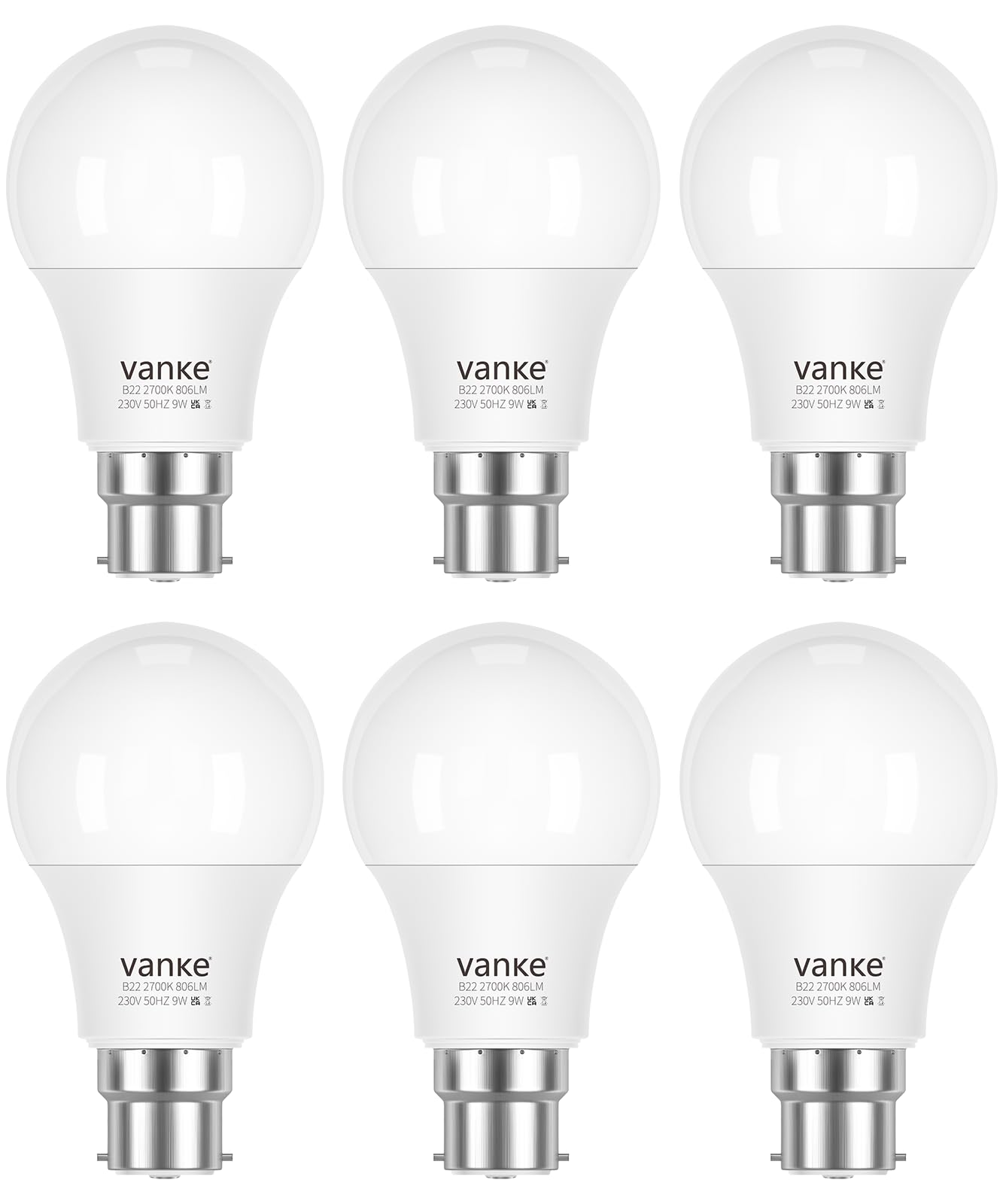 Vanke Bayonet Light Bulb, 9w (60w Equivalent), B22 LED Bulbs Warm White 2700K, 806 Lumen, Non-Dimmable, Pack of 6