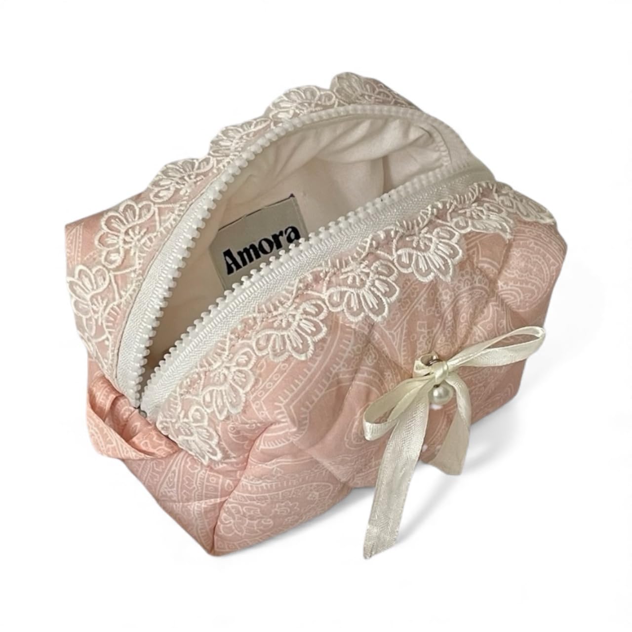 Amora Sakura Pink Mini Quilted Makeup Pouch – Limited Edition Handmade Cosmetic Bag with Lace Trim, Ribbon & Pearl Charm | Luxury Travel Organizer for Women-image-28
