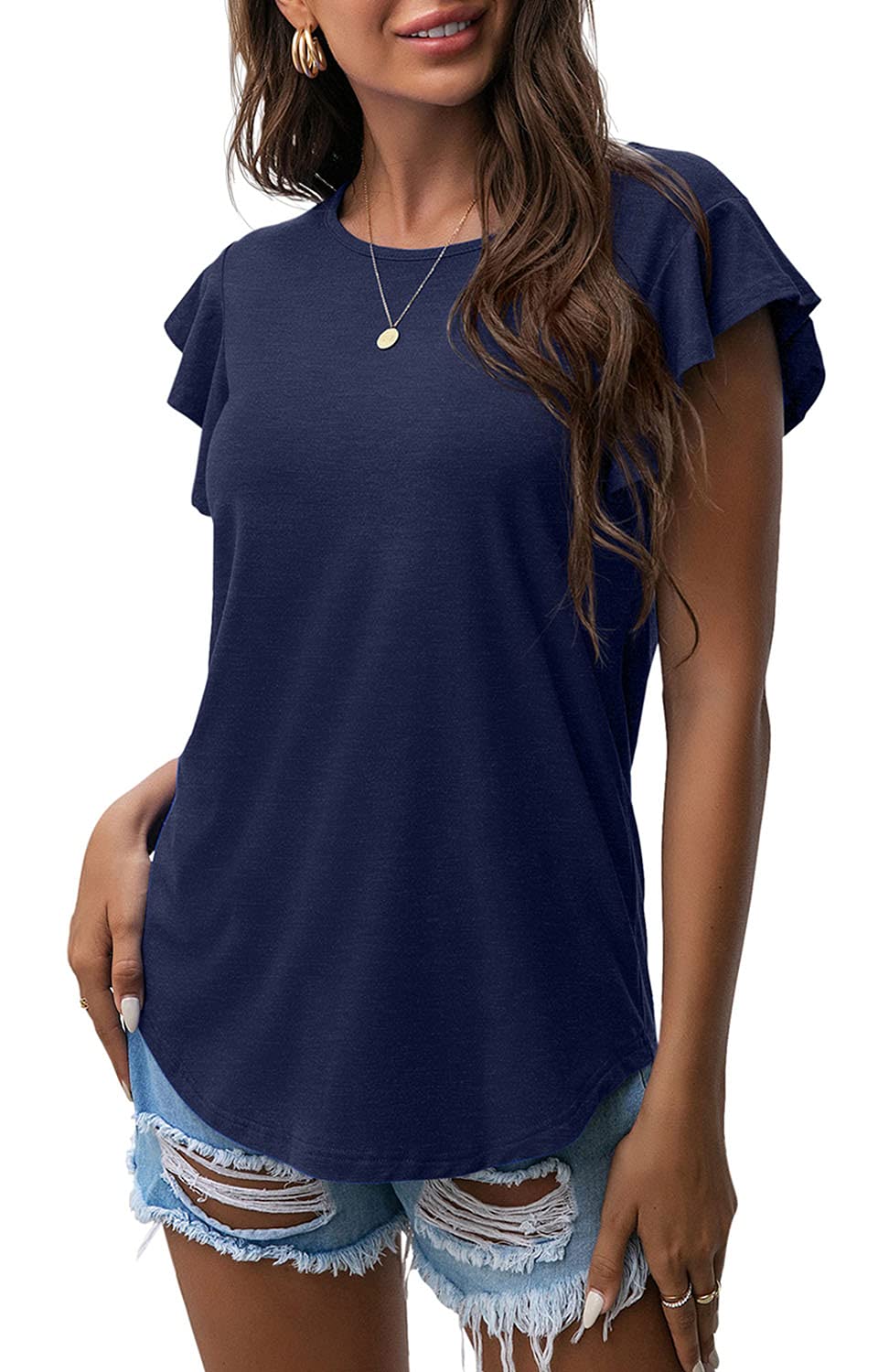 PrinStory Womens Summer Top Casual Short Sleeve T-Shirt Crewneck Ruffle Sleeve Blouse
